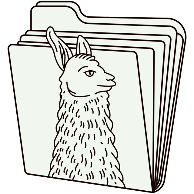 [line drawing of llama animal head in front of slightly open manilla folder filled with files]